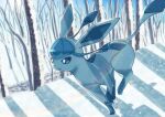  absurdres bare_tree blue_eyes closed_mouth commentary_request day forest from_side glaceon hatoro_kuroyoshi highres nature no_humans outdoors pokemon pokemon_(creature) running smile snow solo standing tree 