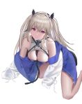  1girl all_fours anchorage_(azur_lane) azur_lane bare_shoulders breasts cleavage feet_out_of_frame fuying_sanbing hair_between_eyes jacket large_breasts long_hair looking_at_viewer off_shoulder purple_eyes purple_jacket ribbon_between_breasts simple_background solo twintails white_background 