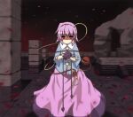  1girl :o blood blood_from_eyes blouse blue_blouse buttons collared_shirt commentary_request eyeball hairband komeiji_koishi komeiji_satori long_skirt long_sleeves noose ominaeshi_(takenoko) petals petals_on_liquid pink_skirt purple_eyes purple_hair red_hairband severed_limb shirt short_hair skirt solo third_eye touhou wide_sleeves yellow_eyes 