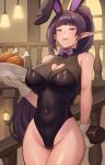  1girl animal_ears banned_artist bare_legs black_hair bottle bow bowtie breasts cleavage cleavage_cutout clothing_cutout covered_navel fake_animal_ears food gloves heart_cutout holding holding_bottle holding_plate kkamja large_breasts long_hair meat original plate playboy_bunny pointy_ears ponytail purple_bow purple_bowtie purple_eyes rabbit_ears solo thighs white_gloves 