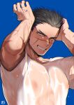  1boy arms_up bara black_hair blue_background brown_eyes covered_nipples golden_kamuy hands_on_own_head large_pectorals looking_at_viewer male_focus muscular muscular_male onnomono pectorals scar scar_on_arm scar_on_cheek scar_on_face scar_on_mouth scar_on_nose see-through shirt short_hair smile solo sugimoto_saichi teeth upper_body wet wet_clothes wet_hair wet_shirt white_shirt 