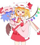  2girls ascot bangs bat_wings belt blonde_hair blue_hair blush bow collar collared_dress collared_shirt crystal dress eyebrows_visible_through_hair fang flandre_scarlet gem hair_between_eyes hands_up hat hat_ribbon heart highres holding incest jewelry looking_at_another lying mob_cap multicolored_wings multiple_girls nihohohi one_side_up open_mouth pink_dress pink_headwear pink_sleeves pointy_ears puffy_short_sleeves puffy_sleeves red_ascot red_belt red_bow red_dress red_eyes red_footwear red_heart red_ribbon remilia_scarlet ribbon shirt shoes short_hair short_sleeves siblings simple_background sisters smile socks standing touhou white_background white_headwear white_legwear white_shirt white_sleeves wings yellow_ascot yuri 