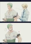  ... 2boys bandana blonde_hair blue_necktie cigarette collared_shirt couple from_side green_hair heart highres loose_necktie male_focus multiple_boys necktie one_piece partially_unbuttoned pectorals pra_(prapon0904) roronoa_zoro sanji sequential shirt short_hair sideburns striped striped_shirt toned toned_male yaoi 