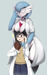  1boy 1girl :o @_@ age_difference between_breasts black_hair blue_pants breast_rest breasts breasts_on_head child choker cleavage coat dr._voir_(nanosheep) eyes_visible_through_hair gardevoir gradient gradient_background grey_eyes hand_up highres labcoat large_breasts mole mole_under_eye monster_girl open_mouth oversized_clothes panties pants pokemon scrapy short_hair short_sleeves simple_background string_panties thick_thighs thighhighs thighs underwear white_coat 