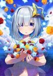  1girl amane_kanata blue_eyes blue_hair blue_sky blush cloud colored_inner_hair commentary_request day flower hair_over_one_eye halo highres holding holding_flower hololive hototogisu_(hot_to_gis) light_particles looking_at_viewer multicolored_hair navel orange_flower parted_lips partially_unbuttoned petals pink_hair red_flower red_rose rose sailor_collar shirt short_sleeves silver_hair sky solo star_(symbol) star_halo upper_body virtual_youtuber white_sailor_collar 