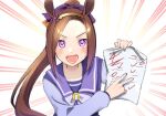  +_+ 1girl animal_ears blush bow brown_hair commentary_request emphasis_lines failure hair_bow hairband holding holding_paper horse_ears long_hair long_sleeves michia_(bourgognepony) open_mouth paper ponytail purple_bow purple_eyes purple_shirt sailor_collar sakura_bakushin_o_(umamusume) school_uniform shirt solo test tracen_school_uniform umamusume upper_body v-shaped_eyebrows 