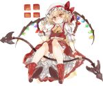  1girl ascot back_bow bangs blonde_hair boots bow commentary_request cross crystal fang flandre_scarlet frilled_shirt_collar frilled_skirt frilled_sleeves frills greek_cross hat hat_ribbon konabetate laevatein_(touhou) mob_cap one_side_up puffy_short_sleeves puffy_sleeves red_bow red_eyes red_footwear red_ribbon red_skirt red_vest ribbon shirt short_hair short_sleeves simple_background skirt solo touhou vest white_background white_shirt wings wrist_cuffs yellow_ascot yellow_bow 