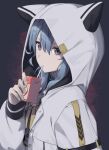  1girl animal_hood apple_juice black_background black_shirt blue_eyes blue_hair closed_mouth commentary drink drinking_straw expressionless hair_between_eyes highres holding holding_drink hololive hood hood_up hooded_jacket hoshimachi_suisei jacket juice_box long_hair long_sleeves looking_at_viewer neck_ribbon official_alternate_costume open_clothes open_jacket ribbon shirt solo star_(symbol) star_in_eye syhan symbol_in_eye upper_body virtual_youtuber white_jacket yellow_ribbon 