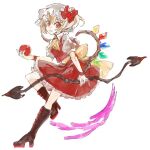  1girl armband ascot back_bow bangs black_footwear blonde_hair blood blood_on_weapon boots bow commentary_request cross-laced_footwear crystal fang flandre_scarlet frilled_skirt frilled_sleeves frills hat hat_ribbon konabetate lace-up_boots laevatein_(touhou) looking_at_viewer mob_cap one_side_up puffy_short_sleeves puffy_sleeves red_bow red_eyes red_ribbon red_skirt red_vest ribbon shirt short_hair short_sleeves simple_background skirt solo touhou vest weapon white_background white_shirt wings yellow_ascot yellow_bow 