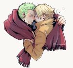  2boys alternate_costume blonde_hair blush breath couple cropped_torso forehead-to-forehead green_hair heads_together male_focus multiple_boys noses_touching one_piece pra_(prapon0904) red_scarf roronoa_zoro sanji scarf shared_scarf short_hair sideburns winter_clothes yaoi 