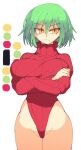  1girl breasts closed_mouth color_guide cowboy_shot crossed_arms eyebrows_visible_through_hair green_hair groin hair_between_eyes highleg highleg_leotard highres hikage_(senran_kagura) huge_breasts inkerton-kun leotard long_sleeves looking_to_the_side red_leotard ribbed_leotard senran_kagura short_hair simple_background slit_pupils solo standing turtleneck turtleneck_leotard white_background yellow_eyes 