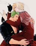  2boys alternate_costume biting biting_clothes black_kimono blonde_hair bridal_veil cigarette couple facial_hair formal goatee green_hair highres japanese_clothes kimono male_focus multiple_boys one_piece pectoral_cleavage pectorals pra_(prapon0904) red_suit roronoa_zoro sanji scar scar_on_chest short_hair sideburns sitting sitting_on_person sleeves_rolled_up smoking toned toned_male veil yaoi 