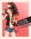  1girl absurdres bag baseball_cap black_vest blue_eyes border brown_hair character_name commentary curly_hair denim denim_shorts english_commentary grin hand_up hat high_ponytail highres hilda_(pokemon) holding holding_pokemon lockii long_hair one_eye_closed open_clothes open_vest pink_bag poke_ball_symbol pokemon pokemon_(creature) pokemon_(game) pokemon_bw shirt short_shorts shorts shoulder_bag sidelocks sleeveless sleeveless_shirt smile sparkle tepig vest white_border white_shirt wristband 