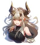  1girl arknights breasts cropped_torso detached_sleeves grey_hair horns large_breasts long_hair mataichi_mataro matoimaru_(arknights) pointy_ears red_eyes twitter_username white_background 