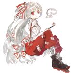  1girl baggy_pants bangs black_footwear boots bow collared_shirt commentary_request fujiwara_no_mokou hair_bow konabetate long_hair long_sleeves looking_at_viewer ofuda ofuda_on_clothes pants pipe red_eyes red_pants shirt simple_background sleeve_garter smoke solo suspenders touhou very_long_hair white_background white_bow white_hair white_shirt 