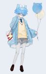  1boy absurdres balloon bangs black-framed_eyewear blue_eyes blue_hair blue_jacket blue_necktie bow brown_footwear closed_mouth commentary eyebrows_visible_through_hair fate/extra fate/extra_ccc fate/grand_order fate_(series) food full_body grey_shorts hans_christian_andersen_(fate) highres holding holding_balloon jacket long_sleeves looking_at_viewer male_focus necktie pith_u popcorn shorts simple_background solo sweater white_background white_bow white_legwear yellow_sweater 
