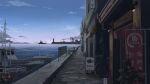  banner boat cloud commentary_request dock harbor highres maju_(white_471glacia) morning no_humans ocean original path scenery sign sky spotlight watercraft 
