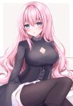  1girl bangs black_legwear blue_eyes blush breasts cleavage cleavage_cutout clothing_cutout commission crossed_bangs eyebrows_visible_through_hair highres komari_mhy large_breasts long_hair long_sleeves looking_at_viewer original parted_lips pink_hair skeb_commission solo thighhighs thighs 