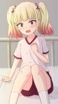  1girl bangs blonde_hair blush commentary_request eyebrows_visible_through_hair feet_out_of_frame gradient_hair gym_shirt gym_shorts gym_uniform hand_up highres hippo_(hirople) knees_together_feet_apart knees_up looking_at_viewer mieruko-chan multicolored_hair niguredou_julia on_bed open_mouth red_eyes red_hair red_shorts sheet_grab shirt short_shorts short_sleeves shorts sitting socks solo twintails white_legwear white_shirt 