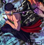  1boy bandana black_kimono clothes_down daken_(zorosan_lover) earrings fighting_stance from_above green_hair highres japanese_clothes jewelry kimono looking_at_viewer male_focus mouth_hold one_piece pectorals roronoa_zoro scar scar_across_eye short_hair sideburns single_earring solo toned toned_male topless_male veins 
