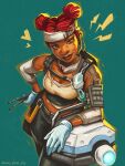  1girl apex_legends arm_tattoo arm_warmers artist_name black_pants blue_gloves breasts brown_eyes cleavage d.o.c._health_drone double_bun drumsticks english_commentary freckles gloves headset heart highres holding holding_drumsticks lifeline_(apex_legends) lightning_bolt_symbol mask_around_one_ear medium_breasts pants red_hair robot smile solo tank_top tattoo thick_lips vincent_(recyclevin_exe) yellow_tank_top 