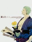  2boys clothes_pull earrings english_text from_side green_hair happy_birthday highres japanese_clothes jewelry kimono looking_to_the_side male_focus multiple_boys one_piece open_clothes open_kimono pectoral_cleavage pectorals pra_(prapon0904) roronoa_zoro sanji scar scar_across_eye scar_on_chest sheath sheathed short_hair sideburns single_earring snail solo_focus toned toned_male upper_body 