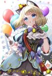  1girl :o amusement_park animal_ears aqua_eyes balloon bangs black_gloves blonde_hair blunt_bangs bow bowtie cat_ears cat_tail commentary crown eyebrows_visible_through_hair ferris_wheel frilled_sleeves frills fur-trimmed_gloves fur_trim gloves highres idolmaster idolmaster_million_live! jewelry looking_afar looking_up neck_ring paw_print puffy_short_sleeves puffy_sleeves sash shiny shiny_hair short_hair short_sleeves solo suou_momoko symbol-only_commentary tail yuanagae 