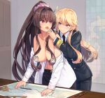  2girls absurdres alternate_costume black_necktie blonde_hair blue_eyes breasts brown_hair censored censored_nipples character_censor cherry_blossoms eyebrows_visible_through_hair green_eyes highres himeyamato indoors iowa_(kancolle) kantai_collection large_breasts long_hair long_sleeves map military military_uniform multiple_girls necktie novelty_censor off_shoulder open_clothes open_shirt ponytail red_eyes shirt sidelocks smile star-shaped_pupils star_(symbol) symbol-shaped_pupils tongue tongue_out uniform white_shirt yamato_(kancolle) yuri 