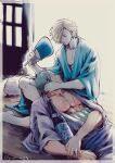  2boys blonde_hair bottle contemporary couple dark-skinned_male dark_skin feet_out_of_frame green_hair hand_fan highres holding holding_fan interracial lap_pillow male_focus multiple_boys one_piece pectoral_cleavage pectorals pra_(prapon0904) roronoa_zoro sanji scar scar_on_chest short_hair sideburns sleeping sleeping_on_person toned toned_male yaoi 