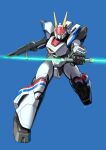  absurdres blue_background d-1 double-blade energy_sword glowing glowing_eyes gun highres holding holding_gun holding_sword holding_weapon kikou_senki_dragonar lens_flare looking_at_viewer mecha mercy_rabbit no_humans science_fiction solo sword weapon yellow_eyes 