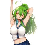  1girl absurdres alternate_hairstyle armpits arms_up blue_skirt blush breasts cleavage closed_eyes commentary_request cowboy_shot eyebrows_visible_through_hair frog_hair_ornament green_hair grey_background hair_between_eyes hair_ornament highres kochiya_sanae large_breasts long_hair midriff navel open_mouth ponytail shirt simple_background skirt sleeveless sleeveless_shirt solo touhou uchisaki_himari white_shirt 