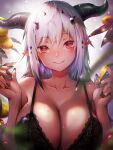  1girl bare_arms bare_shoulders black_bra black_horns black_nails bra breasts cleavage collarbone commentary fingernails head_tilt highres horns kai_(ootamuno12) lace-trimmed_bra lace_trim large_breasts light_smile long_fingernails long_hair looking_at_viewer nail_polish original pointy_ears red_eyes smile solo underwear upper_body white_hair 