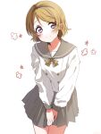  1girl alternate_costume brown_hair cowboy_shot grey_sailor_collar grey_skirt highres koizumi_hanayo looking_at_viewer love_live! love_live!_school_idol_project naarann pleated_skirt purple_eyes sailor_collar school_uniform serafuku short_hair skirt smile solo standing v_arms white_background 