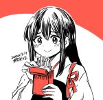  1girl akagi_(kancolle) artist_name box commentary_request dated food japanese_clothes kantai_collection kirisawa_juuzou long_hair monochrome muneate pocky pocky_day smile solo spot_color tasuki upper_body 