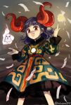  1girl blue_hair commentary_request dress eagle_spirit_(touhou) fire horns houzuki_(hotondo) index_finger_raised jewelry medium_hair open_mouth original patterned_clothing pendant red_eyes red_horns sheep_horns smile solo touhou toutetsu_yuuma 