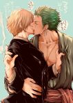  2boys black_suit blonde_hair cigarette clothes_grab couple earrings green_hair green_kimono japanese_clothes jewelry kimono licking licking_another&#039;s_face licking_another&#039;s_lips male_focus multiple_boys one_piece pectorals pra_(prapon0904) roronoa_zoro sanji scar scar_on_chest short_hair sideburns single_earring smoke toned toned_male translation_request upper_body yaoi 
