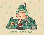  1boy ^_^ blush brook character_request chibi chunafishy closed_eyes earrings english_text franky full_body green_hair green_kimono happy_birthday japanese_clothes jewelry jimbei kimono male_focus marimo monkey_d._luffy nami_(one_piece) nico_robin objectification one_piece roronoa_zoro sanji scar scar_across_eye short_hair sideburns single_earring solo_focus usopp 