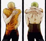  2boys ass_grab blonde_hair cigarette commentary_request couple feet_out_of_frame from_behind grabbing_another&#039;s_ass green_hair groping hand_under_clothes hand_under_shirt hug kiss male_focus multiple_boys multiple_views one_piece pra_(prapon0904) roronoa_zoro sanji shirt short_hair smoking white_background yaoi 