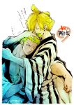  2boys alternate_hairstyle blonde_hair closed_eyes couple feet_out_of_frame green_hair hand_in_another&#039;s_hair hand_on_another&#039;s_head highres leaning_on_person male_focus multiple_boys official_alternate_costume one_piece pectoral_cleavage pectorals pra_(prapon0904) roronoa_zoro sanji scar scar_across_eye short_hair sideburns toned toned_male translation_request yaoi 