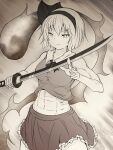 1girl abs bangs breasts closed_mouth cowboy_shot english_commentary erechan eyebrows_visible_through_hair frilled_skirt frills ghost greyscale hairband holding holding_sword holding_weapon konpaku_youmu konpaku_youmu_(ghost) medium_breasts monochrome muscular navel short_hair skirt solo standing sword touhou v-shaped_eyebrows weapon 