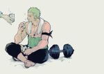  2boys barefoot crossed_legs cup dumbbell eating food full_body green_hair holding holding_cup male_focus multiple_boys one_piece onigiri pectorals pra_(prapon0904) roronoa_zoro sanji short_hair sideburns sitting soles solo_focus toes toned toned_male towel towel_around_neck 