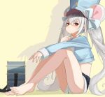  1girl animal_ears ass bangs barefoot blush dungeon_and_fighter feet grey_hair hat highres legs lifeff long_hair looking_at_viewer md5_mismatch midriff mouse_ears red_eyes resolution_mismatch shorts sitting solo source_smaller spread_toes timitarcat toenails toes twintails very_long_hair 