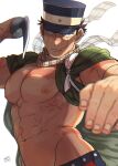  1boy abs bara bare_pectorals black_hair closed_mouth coat fighting_stance golden_kamuy hat holding holding_sword holding_weapon large_pectorals long_coat looking_at_viewer male_focus military military_hat muscular muscular_male navel nipples onnomono open_clothes open_coat pectorals scar scar_on_arm scar_on_cheek scar_on_chest scar_on_face scar_on_mouth scar_on_nose short_hair solo sugimoto_saichi sword weapon 