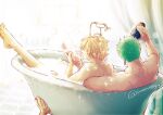  2boys barefoot blonde_hair bottle completely_nude couple earrings feet_up from_behind green_hair holding holding_bottle jewelry leaning_on_person male_focus multiple_boys nude one_piece pra_(prapon0904) roronoa_zoro sanji shared_bathing short_hair sideburns single_earring soap_bubbles toned toned_male wet wet_hair yaoi 
