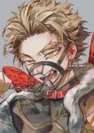 1boy animal_collar artist_name bangs blonde_hair boku_no_hero_academia chain chained collar covered_collarbone facial_hair fangs fur_trim grey_background hawks_(boku_no_hero_academia) kadeart male_focus muzzle open_mouth orange_eyes red_collar red_wings short_hair simple_background solo spiked_hair teeth upper_body watermark wings 