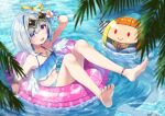  1girl amane_kanata angel_wings anklet bangs bare_legs barefoot bikini blue_bikini blush commentary_request day eyebrows_visible_through_hair eyes_visible_through_hair eyewear_on_head feet full_body halo halter_top halterneck highres hololive hototogisu_(hot_to_gis) innertube jewelry kiryu_coco legs looking_at_viewer navel necklace open_mouth outdoors palm_leaf pp_tenshi_t-shirt purple_eyes scrunchie shirt_removed short_hair silver_hair smile solo star-shaped_eyewear star_halo sunglasses swimsuit virtual_youtuber water wet wings wrist_scrunchie 