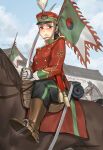  1girl black_eyes black_hair black_pants blue_sky boots brown_footwear cavalier_hat cavalry closed_mouth cloud cloudy_sky flag geumsu gloves hat holding holding_sword holding_weapon horse horseback_riding jacket long_hair looking_at_viewer military military_hat military_jacket military_uniform original outdoors pants ponytail red_headwear red_jacket riding saber_(weapon) sheath sitting sky solo stirrup_legwear stirrups sword toeless_legwear uniform weapon white_gloves 