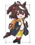  1girl :d ahoge animal_ears backpack bag bag_charm black_hair black_jacket black_legwear blush character_doll charm_(object) commentary_request cropped_legs hands_up highres hitomiz holding_strap horse_ears horse_girl horse_tail jacket kitasan_black_(umamusume) long_sleeves looking_at_viewer multicolored_hair open_clothes open_jacket ponytail red_eyes shirt short_shorts shorts smile solo streaked_hair tail teeth thighhighs tokai_teio_(umamusume) umamusume upper_teeth white_background white_hair white_shirt yellow_shorts 