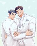  2boys absurdres alternate_costume bara blue_hair blush brown_hair cross_scar fiery_hair fle0423 formal grey_necktie hand_on_another&#039;s_arm hand_on_another&#039;s_waist highres husband_and_husband male_focus master_3_(housamo) multiple_boys muscular muscular_male necktie scar short_hair sideburns smile suit toji_(housamo) tokyo_afterschool_summoners undershirt upper_body wedding white_suit yaoi 
