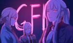  3girls ak-12_(girls&#039;_frontline) ak-15_(girls&#039;_frontline) an-94_(girls&#039;_frontline) aqua_jacket bangs black_jacket black_suit blazer blonde_hair braid closed_mouth eyebrows_visible_through_hair french_braid from_side girls&#039;_frontline glasses hair_between_eyes hair_bun hair_ornament hairclip highres ichinose_(ichinose1592) jacket long_hair looking_at_viewer medium_hair multiple_girls necktie neon_lights official_style open_mouth ponytail red_eyes red_necktie red_shirt shirt silver_hair smile upper_body white_necktie white_shirt 